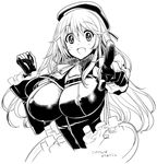  atago_(kantai_collection) breasts greyscale hat huge_breasts kantai_collection kazumi_yoshiyuki long_hair looking_at_viewer monochrome pointing pointing_at_viewer simple_background smile solo translated white_background 