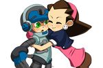  1girl absurdres beck_(mighty_no._9) cheek-to-cheek closed_eyes creator_connection crossover hair_pulled_back hairband highres hug lydi-lydi_(jes) mighty_no._9 pantyhose pink_hairband robot rockman rockman_dash simple_background tron_bonne white_background 