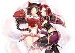  ? ahri animal_ears black_legwear blue_eyes blush braid breasts brown_hair cleavage detached_sleeves dress elbow_gloves facial_mark fox_ears fox_tail gloves high_heels jacket joypyonn katarina_du_couteau korean large_breasts league_of_legends long_hair medium_breasts midriff multiple_girls multiple_tails red_hair scar short_dress single_braid smile tail thighhighs translated whisker_markings yellow_eyes 