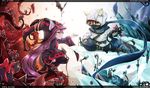  1girl animal_ears beancurd boots cat hat hood ice kennen kunai league_of_legends long_hair lulu_(league_of_legends) mask ninja outstretched_hand pix plant purple_hair purple_skin scarf thigh_boots thighhighs thorns too_many too_many_cats very_long_hair vines weapon witch_hat yellow_eyes yordle 