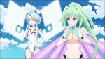  2girls animated animated_gif aqua_hair blanc blue_hair bodysuit breast_grab breast_press breast_squeeze breasts choujigen_game_neptune cleavage cloud grabbing green_hair green_heart height_difference large_breasts long_hair multiple_girls neptune_(series) open_mouth ponytail purple_eyes red_eyes sky vert white_heart 