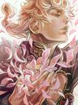  bayarou blonde_hair braid bug closed_eyes earrings flower giorno_giovanna insect jewelry jojo_no_kimyou_na_bouken ladybug male_focus petals profile solo tegaki uko_(moi08) 