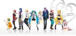  6+girls aqua_hair blonde_hair blue_hair boots bracelet brown_hair copyright_name denim domco green_hair gumi hand_on_hip hat hatsune_miku headphones high_heels highres ia_(vocaloid) jeans jewelry jumping kagamine_len kagamine_rin kaito kamui_gakupo lily_(vocaloid) long_hair megurine_luka meiko microphone midriff multiple_boys multiple_girls navel necklace one_eye_closed open_mouth pants pantyhose ring scarf short_hair single_thighhigh sitting skirt squatting suspenders thighhighs twintails very_long_hair vocaloid 