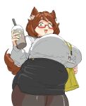  1girl animal_ear_fluff bag belly black_legwear breasts brown_hair covered_navel cup fang fat green_eyes holding holding_cup id_card indie_virtual_youtuber jouji_(jouji45270078) large_breasts looking_down mint_castella pantyhose shirt sketch skin_fang smile solo thick_thighs thighs virtual_youtuber white_background white_shirt 
