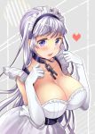  1girl apron azur_lane bangs belfast_(azur_lane) blush breasts chains cleavage collar collarbone eyebrows_visible_through_hair frilled_apron frilled_gloves frills gloves heart highres large_breasts long_hair looking_at_viewer maid maid_apron maid_headdress mozzarella open_mouth purple_eyes silver_hair solo tears waist_apron white_apron white_gloves 