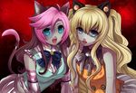  2girls :p animal_ears animal_tail blonde_hair blue blue_eyes breasts brown brown_hair cat_ears cat_tail clothed dress duo eyes female food fruit gray grey hair hoshine_stella long_hair multicolored_hair multiple_girls open_mouth orange pink pink_hair red seeu shirt skirt star tail tongue tongue_out utau utauloid very_long_hair vocaloid white zombie 