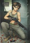  bang-you breasts brown_eyes brown_hair cleavage gloves gun highres holding holding_gun holding_weapon large_breasts magazine_(weapon) midriff military mossberg_500 navel non-web_source original reloading shell_casing short_hair shotgun shotgun_shells smoke smoking_gun solo squatting sunglasses sweat tank_top toned trigger_discipline weapon 