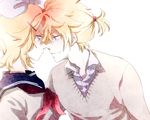  1girl blonde_hair blue_eyes brother_and_sister eye_contact face-to-face kagamine_len kagamine_rin looking_at_another mozzu school_uniform serafuku short_hair siblings simple_background smile vocaloid white_background 