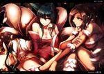  ahri animal_ears bare_shoulders beancurd black_hair breasts brown_hair cleavage detached_sleeves fox_ears fox_tail green_eyes league_of_legends letterboxed long_hair medium_breasts multiple_girls multiple_tails nidalee ponytail tail tattoo yellow_eyes 