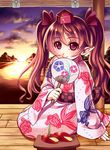  apple bad_id bad_pixiv_id blush brown_hair douji evening fan food fruit hat himekaidou_hatate japanese_clothes kimono lake long_hair looking_at_viewer mountain paper_fan pointy_ears red_eyes sitting smile solo star_(sky) tokin_hat touhou twintails uchiwa wariza 