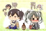  akagi_(kantai_collection) akari_seisuke blush bow brand_name_imitation brown_eyes brown_hair chibi chitose_(kantai_collection) chocolate_syrup food green_hair hair_bow headband hershey's ice_cream japanese_clothes kaga_(kantai_collection) kantai_collection multiple_girls muneate shoukaku_(kantai_collection) side_ponytail skirt spoon translated twintails zuikaku_(kantai_collection) |_| 