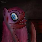  blue_eyes equine fangs female feral friendship_is_magic fur hair horse long_hair looking_at_viewer mammal my_little_pony open_mouth pinkamena_(mlp) pinkie_pie_(mlp) pony sharp_teeth smile solo stitches teeth tongue tongue_out toxicbluewater wall 