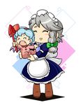  :&gt; apron baby blue_dress blue_hair blush_stickers braid carrying closed_eyes dress fang hair_ribbon izayoi_sakuya juliet_sleeves kingguyver long_sleeves maid maid_headdress multiple_girls open_mouth polearm puffy_sleeves remilia_scarlet ribbon romper silver_hair smile spear touhou twin_braids waist_apron weapon younger 