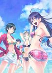  5girls :d ass beach bikini bikini_top black_hair blonde_hair blue_eyes blue_sky brown_hair collarbone day eba_rin eba_yuzuki eyewear_on_head groin highres horizon kaga_akari kanzaki_nanami kimi_no_iru_machi kirishima_haruto long_hair looking_at_viewer looking_back mishima_asuka multiple_girls navel ocean official_art open_mouth outdoors pink_hair purple_hair seo_kouji short_hair shorts sky smile stomach sunglasses swimsuit unbuttoned water 