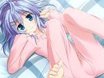  1girl :3 barefoot blue_eyes blue_hair blush game_cg happy lying ooba_kagerou 