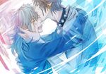  black_hair blue_hair collar couple crying crying_with_eyes_open dramatical_murder earrings eye_kiss facial_mark fingerless_gloves gloves hand_on_another's_face hug jewelry kiss long_hair long_sleeves looking_at_another male_focus multiple_boys niaoniaoyoo red_eyes ren_(dramatical_murder) seragaki_aoba shirtless short_hair spiked_collar spikes tears upper_body yaoi 