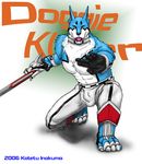  abs anthro armor belt biceps blue_fur claws clothing crouching doggie_kruger doggy_kruger fangs fur gloves inotetu kneeling male muscles open_mouth pants pecs pose power_rangers_spd solo teeth tongue topless weapon white_fur 