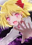  ahoge bad_id bad_pixiv_id blonde_hair blush fang glowing glowing_eyes hair_ribbon open_mouth outstretched_arms red_eyes ribbon rumia short_hair smile solo touhou yamada_ranga 