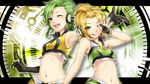  :q alternate_hairstyle armpits bad_id bad_pixiv_id bare_shoulders black_gloves blonde_hair blush crop_top elbow_gloves fingerless_gloves gloves green_eyes green_hair gumi hair_ornament hairclip headphones hinase_kanoto kagamine_rin midriff multiple_girls navel ok_sign one_eye_closed open_mouth short_hair smile tongue tongue_out vocaloid 