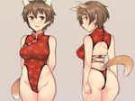  animal_ears arms_behind_back ass back bare_arms bare_hips bare_shoulders blush breasts brown_background brown_eyes brown_hair china_dress chinese_clothes cowboy_shot cross-laced_clothes dog_ears dress em extra_ears groin highleg highleg_leotard katou_keiko large_breasts leotard looking_at_viewer looking_back one-piece_thong red_leotard short_hair simple_background solo tail thong_leotard very_short_hair world_witches_series 