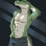  abs abstract_background alligator anthro arm_behind_head armpits biceps blue_background clothed clothing fangs fivel flexing green_skin grey_skin half-dressed horn male muscles pants pecs penis plain_background pose presenting reptile scales scalie solo standing teeth toned topless yellow_eyes 