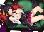  1girl between_breasts black_hair black_legwear blue_bra blush bra breast_suppress breasts breasts_outside buttons checkered checkered_floor couch hair_between_eyes hair_ribbon high_ponytail high_school_dxd himejima_akeno kneehighs kuoh_academy_school_uniform large_breasts long_hair long_ponytail long_sleeves looking_at_viewer lying miniskirt nipples on_back open_mouth pillow pleated_skirt ponytail purple_eyes ribbon school_uniform shelf_bra skirt smile solo strap_slip underwear very_long_hair 