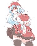  black_legwear blush breasts cosplay dress hat kamishirasawa_keine large_breasts looking_at_viewer mitsumoto_jouji mystia_lorelei mystia_lorelei_(cosplay) red_eyes silver_hair simple_background sketch solo thighhighs touhou white_background zettai_ryouiki 