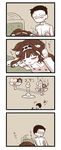  1girl 4koma admiral_(kantai_collection) bare_shoulders comic detached_sleeves double_bun fairy_(kantai_collection) hair_ornament hairband highres kantai_collection kongou_(kantai_collection) lr_hijikata military military_uniform monochrome translated uniform wide_sleeves 
