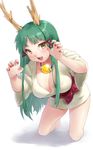  antlers bad_id bad_pixiv_id barefoot blush breasts claw_pose cleavage fang full_body green_hair hair_ribbon highres horns japanese_clothes kamiyama_aya large_breasts long_hair nail_polish open_mouth original ribbon simple_background smile solo white_background yellow_eyes 