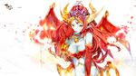  breasts cleavage heco_(mama) hera-ur_(p&amp;d) hera_(p&amp;d) highres horns long_hair medium_breasts midriff navel pointy_ears puzzle_&amp;_dragons red_hair solo yellow_eyes 