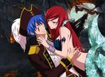  1boy 1girl blue_hair breasts earrings erza_scarlet fairy_tail hat imminent_kiss incipient_kiss jellal_fernandes jewelry long_hair mermaid milady666 monster_girl moon pirate pirate_hat red_hair ship short_hair tattoo 