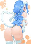  animal_ears animal_print ass big_hair blue_eyes blue_hair bug butterfly cat_ears cat_paws cat_print cat_tail elbow_gloves felicia gloves insect long_hair looking_back minakami_(flyingman555) paws solo tail thighhighs vampire_(game) white_background 