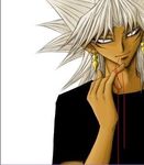  1boy black black_shirt blonde_hair clothed dark_skin hair hands long_hair lowres male male_focus marik_ishtar purple purple_eyes ran red red_string shirt smile solo string tan_skin yami_marik yu-gi-oh! 