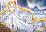  artist_name back_bow bare_shoulders bishoujo_senshi_sailor_moon blonde_hair bow castle closed_eyes double_bun dress earth english flower gown huge_bow light_smile long_hair petals princess princess_serenity red_flower red_rose rose rose_bush rose_petals shainea smile solo strapless strapless_dress tsukino_usagi twintails very_long_hair watermark web_address white_dress wind 