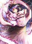  arm_up capelet hat hat_ribbon kotonoman lightning nagae_iku pointing pointing_up purple_hair red_eyes ribbon saturday_night_fever shawl shirt skirt solo touhou 