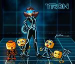  &gt;_&lt; bodysuit brown_hair checkered checkered_background closed_eyes disc_(tron) earrings fallen_down furboz holding jewelry kobun long_hair namesake neon_trim parody reflection reflective_floor robot rockman rockman_dash short_hair standing tron tron_bonne visor wavy_mouth 