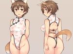  animal_ears arms_behind_back ass back bare_arms bare_hips bare_shoulders blush breasts brown_background brown_eyes brown_hair cameltoe china_dress chinese_clothes cowboy_shot cross-laced_clothes dog_ears dress em extra_ears highleg highleg_leotard katou_keiko large_breasts leotard looking_at_viewer looking_back one-piece_thong see-through short_hair simple_background solo tail thong_leotard very_short_hair world_witches_series 