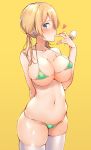  1girl bangs bare_shoulders bikini blonde_hair blue_eyes blush breasts cleavage collarbone cowboy_shot erect_nipples finger_licking food green_bikini groin hair_between_eyes heart hechi_(hechi322) highres holding holding_food kantai_collection large_breasts licking long_hair looking_at_viewer low_twintails micro_bikini navel popsicle prinz_eugen_(kantai_collection) sidelocks simple_background skindentation solo stomach swimsuit thighhighs twintails white_legwear yellow_background 
