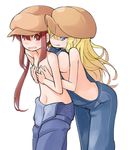  blonde_hair blue_eyes breast_grab breasts brown_eyes brown_hair cabbie_hat flat_chest grabbing hat large_breasts long_hair multiple_girls nakashino_setsu naked_overalls navel original overalls sideboob tongue twintails yuri 