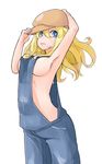  adjusting_clothes adjusting_hat armpits arms_up blonde_hair blue_eyes breasts cabbie_hat hat large_breasts long_hair nakashino_setsu naked_overalls original overalls sideboob solo 