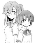  ano_natsu_de_matteru back-to-back glasses greyscale inuno_rakugaki long_hair monochrome multiple_girls ponytail school_uniform short_hair takatsuki_ichika tanigawa_kanna 