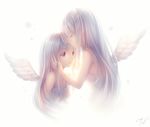  age_difference angel angel_wings backlighting bare_arms bare_shoulders closed_eyes dress forehead_kiss hand_in_hair kiss long_hair mother_and_daughter multiple_girls original purple_eyes silver_hair strapless strapless_dress tears tidsean very_long_hair white_dress wings 
