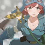  animal animal_on_shoulder bandages belt between_breasts blush breasts brown_eyes brown_hair cartridge earrings gloves goggles goggles_on_head hat jewelry kaze_no_tani_no_nausicaa medium_breasts nausicaa short_hair solo strap_cleavage teto yazwo 