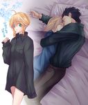  1girl ahoge artoria_pendragon_(all) bed_sheet black_hair blonde_hair blush borrowed_garments couple cuddling fate/zero fate_(series) flower frills green_eyes hair_down hetero hug lancer_(fate/zero) long_hair lying maribsr multiple_views naked_shirt on_bed on_side pajamas pillow saber shirt short_hair sleeping standing translated 