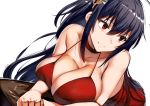  1girl ahoge azur_lane bangs bare_shoulders black_hair blush breasts choker cleavage cocktail_dress collarbone couch dress eyebrows_visible_through_hair hair_between_eyes hair_ornament huge_breasts large_breasts leaning_on_object lolicept long_hair looking_away red_dress red_eyes simple_background smile solo taihou_(azur_lane) very_long_hair white_background 