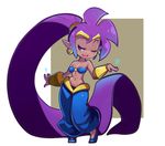  absurdly_long_hair ahoge alternate_color arabian_clothes bandeau blue_eyes blush bracer breasts choker dark_skin earrings full_body half-closed_eyes harem_pants heart hoop_earrings jewelry long_hair midriff navel one_eye_closed pants pointy_ears ponytail purple_hair shantae:_half-genie_hero shantae_(character) shantae_(series) sho-n-d small_breasts smile solo tiara very_long_hair 