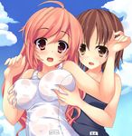  bemani breast_envy breast_grab breast_hold breasts brown_eyes brown_hair day grabbing highres kouki_(sound_voltex) long_hair multiple_girls one-piece_swimsuit pink_eyes pink_hair rasis school_swimsuit short_hair sound_voltex swimsuit tries white_school_swimsuit white_swimsuit yuri 