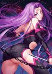  1girl artist_name ass back bangs bare_shoulders black_dress black_legwear breasts chains dagger detached_sleeves dress facial_mark fate/stay_night fate_(series) forehead_mark highres large_breasts long_hair looking_at_viewer looking_back purple_eyes purple_hair rider sakiyamama short_dress signature solo strapless strapless_dress thighs very_long_hair weapon 
