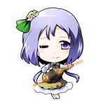  barefoot beamed_eighth_notes biwa_lute chain chibi dress eighth_note flower full_body hair_flower hair_ornament instrument kiku_hitomoji lavender_hair layered_dress looking_at_viewer lute_(instrument) musical_note purple_eyes short_hair simple_background smile solo staff_(music) touhou treble_clef tsukumo_benben white_background 