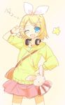  ;d akahito aqua_eyes bad_id bad_pixiv_id bag blonde_hair casual hair_ornament hair_ribbon hairclip handbag headphones headphones_around_neck hood hoodie kagamine_rin melancholic_(vocaloid) one_eye_closed open_mouth project_diva_(series) project_diva_f ribbon short_hair sketch skirt smile solo v_over_eye vocaloid 